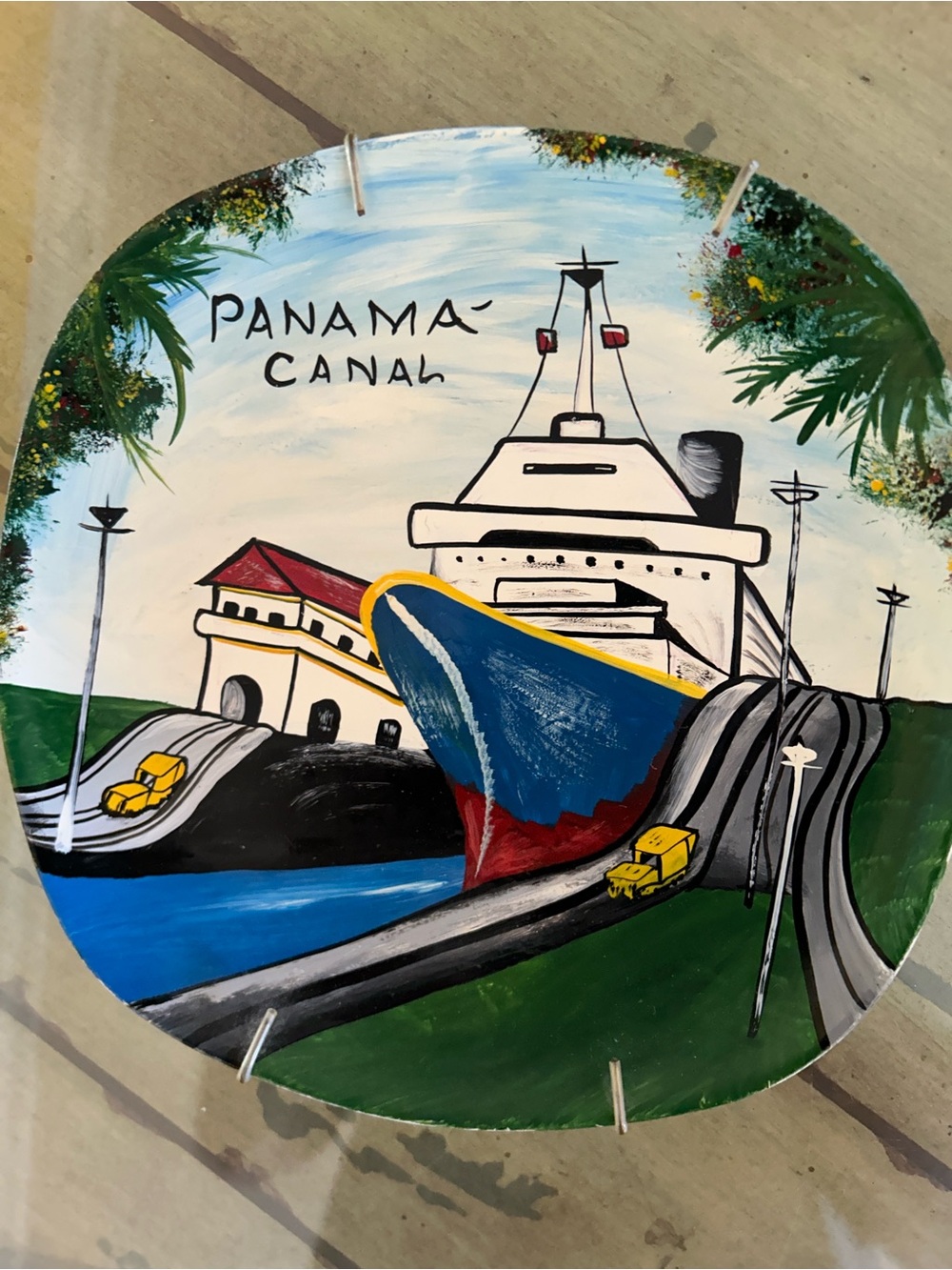 Panama Canal Ship Painting - Blue & Red Accent 7.5 inches ready to hang